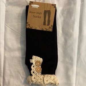 Black Knee-High Socks with Lace Trim